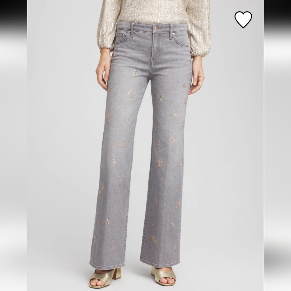 Chico's Rose Gold-Embellished Gray Wide-Leg Girlfriend Flare Jeans Size 2 Chicos